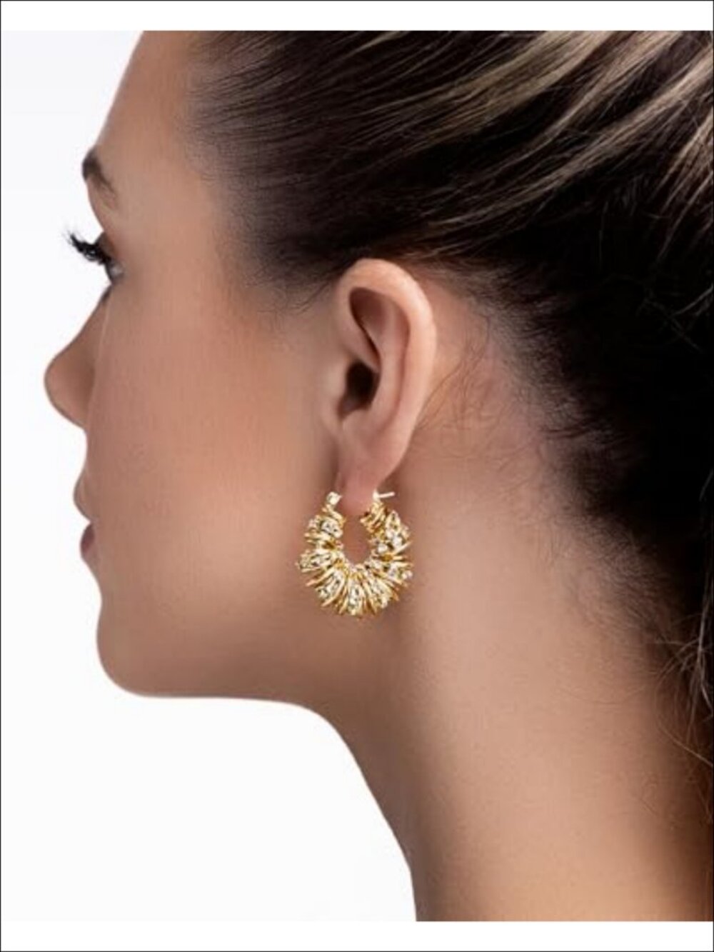 Gold Plated Chunky Hoop Earrings Cubic Zirconia Statement Jewelry - Picture 3 of 6